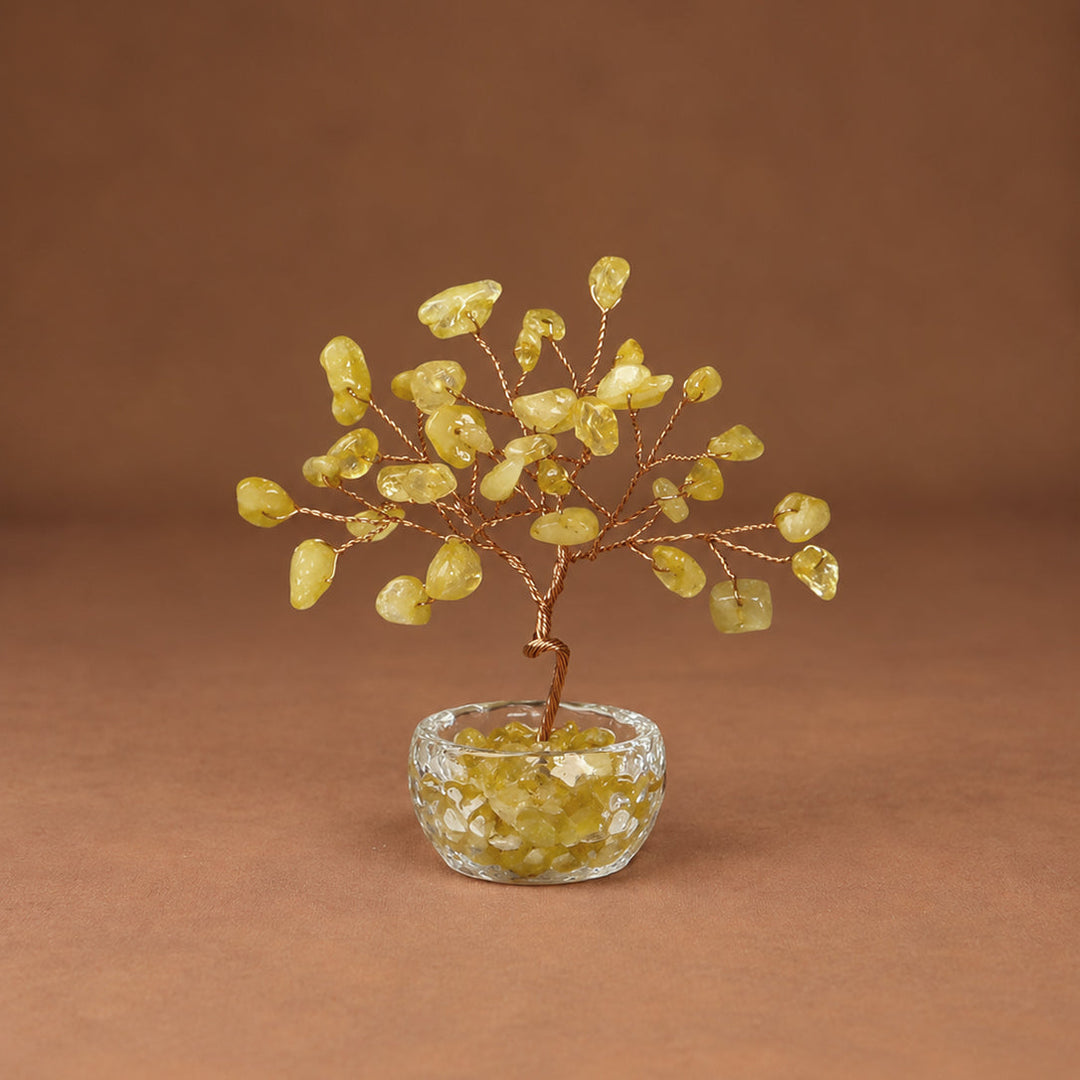 Yellow crystal wish tree with gemstone bead branches and round glass stone base