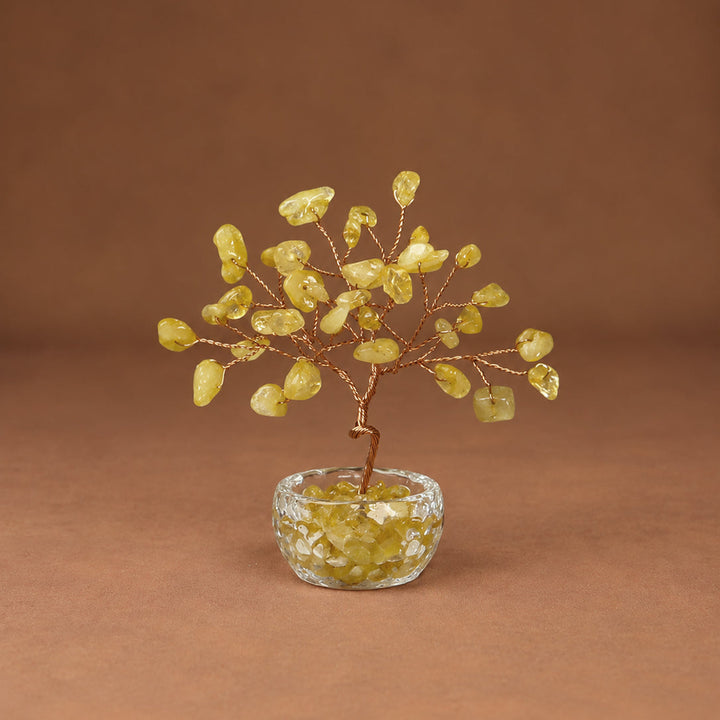 Yellow crystal wish tree with gemstone bead branches and round glass stone base