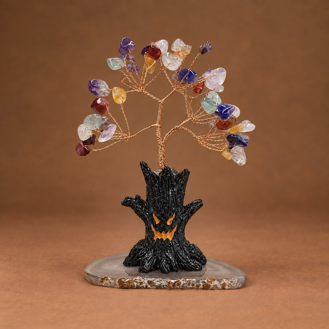 Halloween crystal tree sculpture with multicolor gemstone branches on black base
