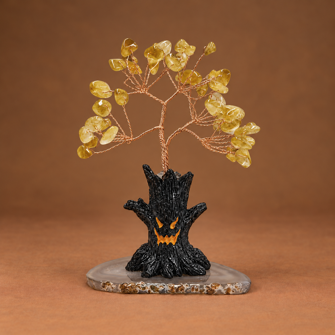 Halloween crystal tree ornament: yellow faceted crystals on copper wire, black jack-o-lantern base