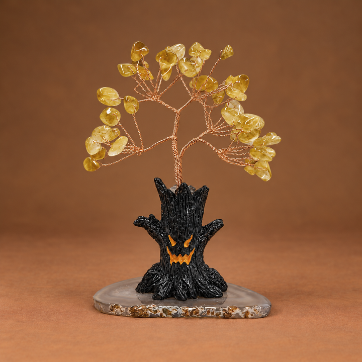 Halloween crystal tree ornament: yellow faceted crystals on copper wire, black jack-o-lantern base