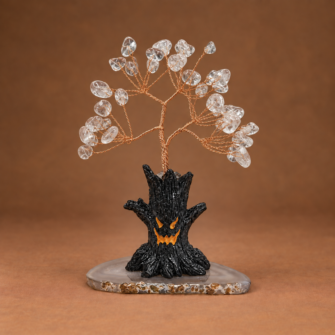 Halloween crystal tree ornament: clear faceted crystals on copper wire, black jack-o-lantern base