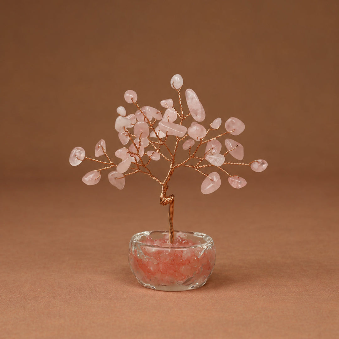 Pink gemstone crystal tree with wire branches and round faceted crystal base