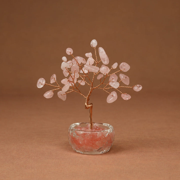 Pink gemstone crystal tree with wire branches and round faceted crystal base