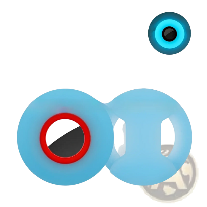 Silicone AirTag pet collar tracker case, light blue with red ring and black center insert