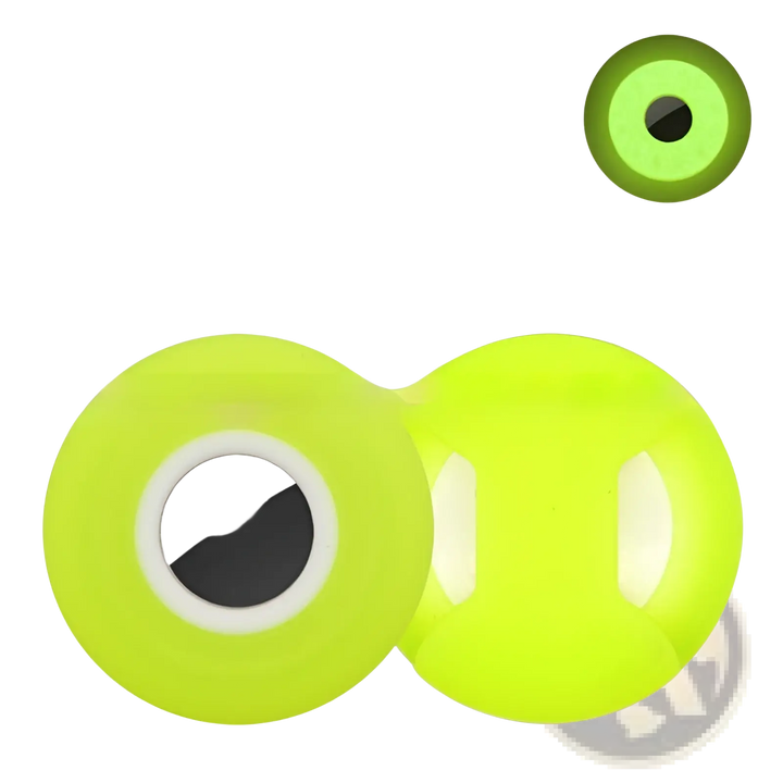 Silicone pet tracker protective case in neon green with circular AirTag holder opening