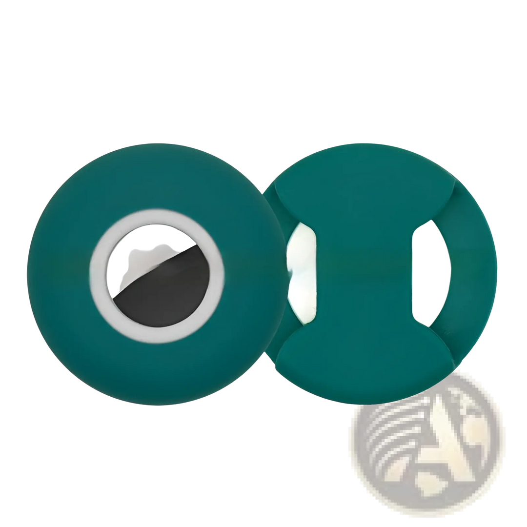 Silicone AirTag pet collar tracker case, teal green with white ring and black center insert