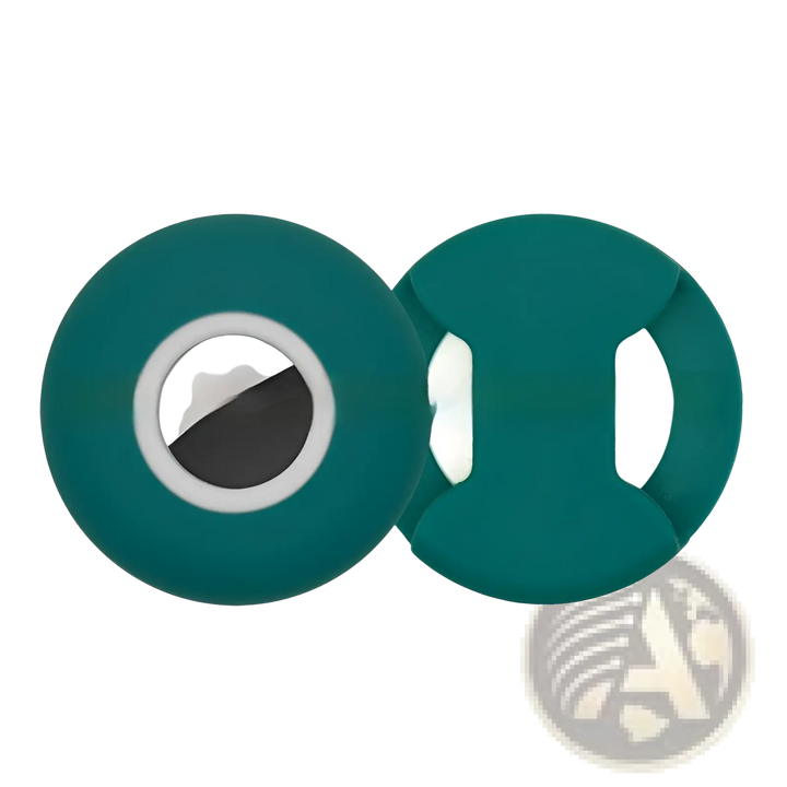 Silicone AirTag pet collar tracker case, teal green with white ring and black center insert