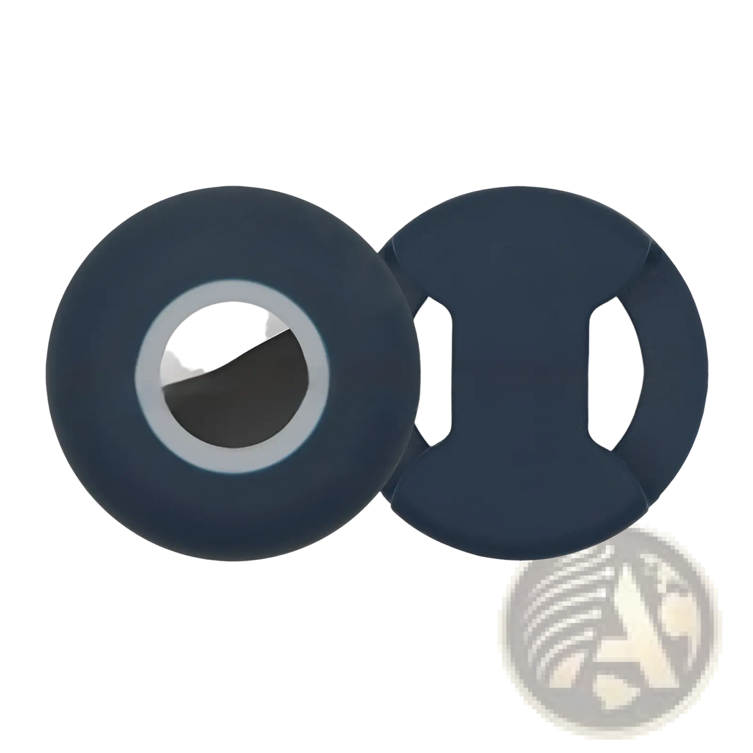 Silicone pet tracker protective case in navy blue with light gray-ring AirTag holder