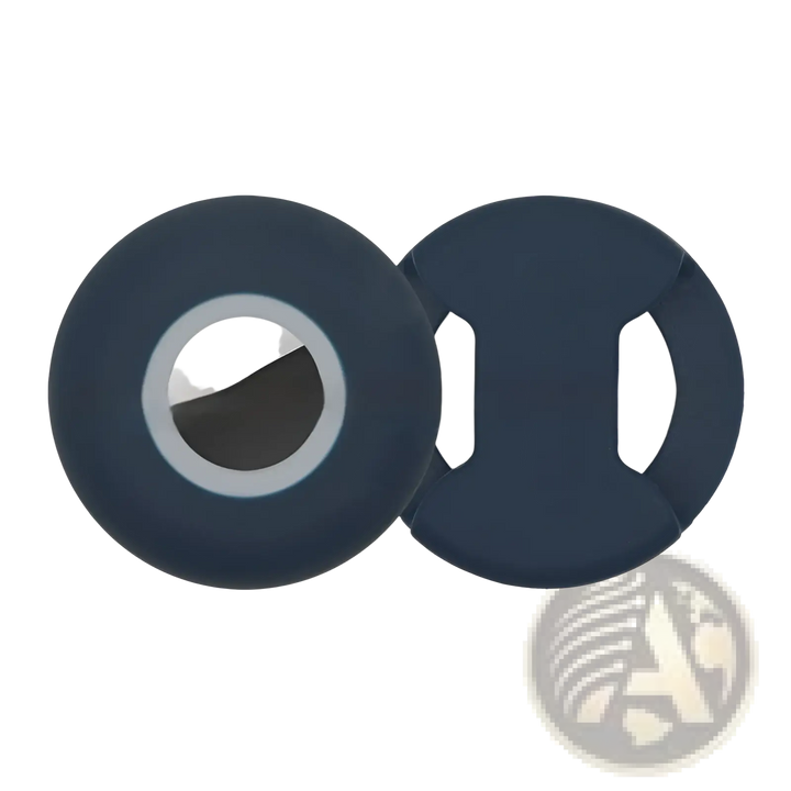 Silicone pet tracker protective case in navy blue with light gray-ring AirTag holder