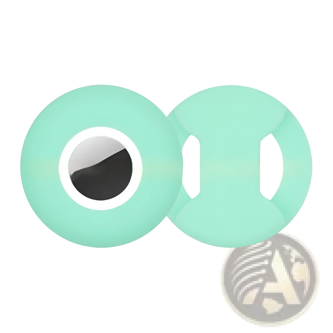 Silicone AirTag pet collar tracker case, mint green with white ring and black center insert