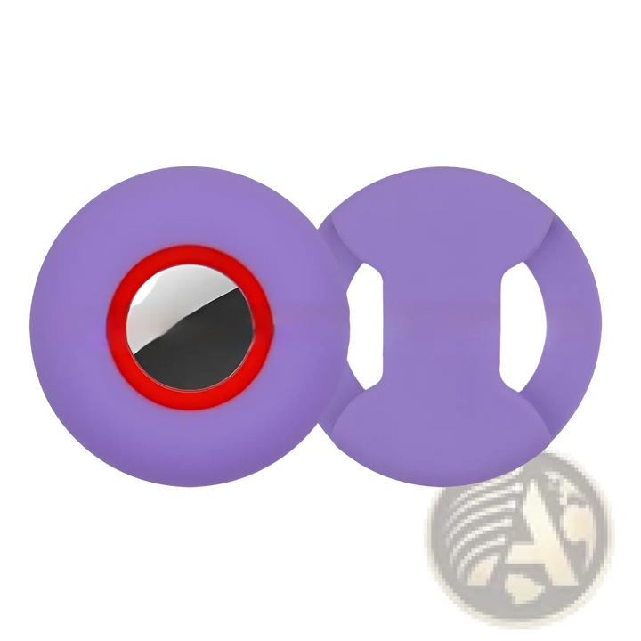 Silicone AirTag pet collar tracker case, purple with red ring and black center insert