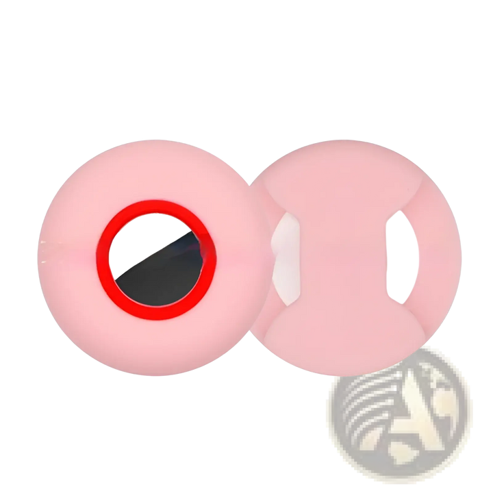 Silicone pet tracker protective case in light pink with red-ring circular AirTag holder