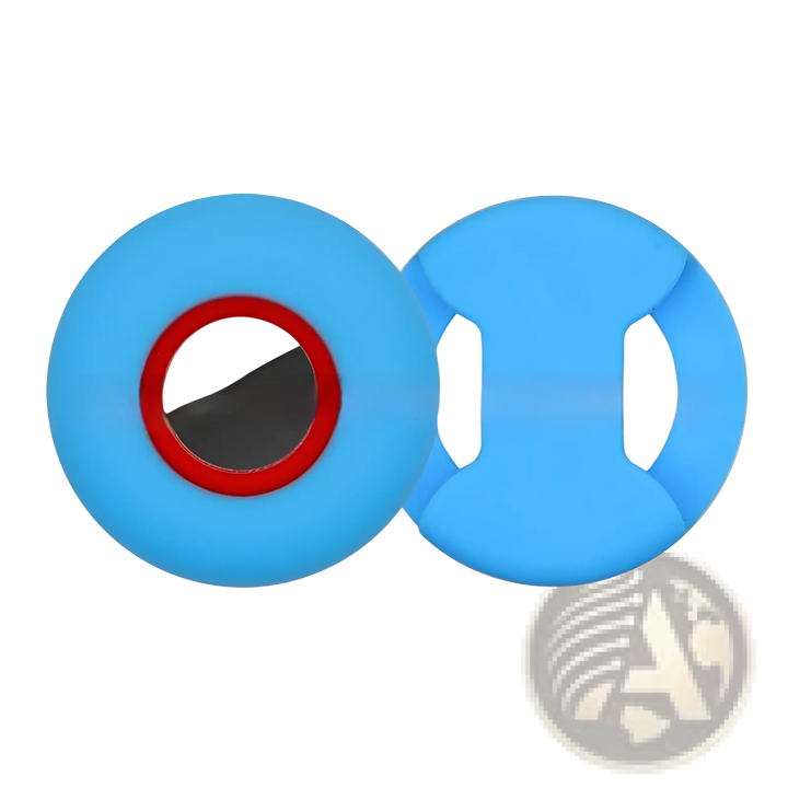 Silicone pet tracker protective case in sky blue with red-ring circular AirTag holder