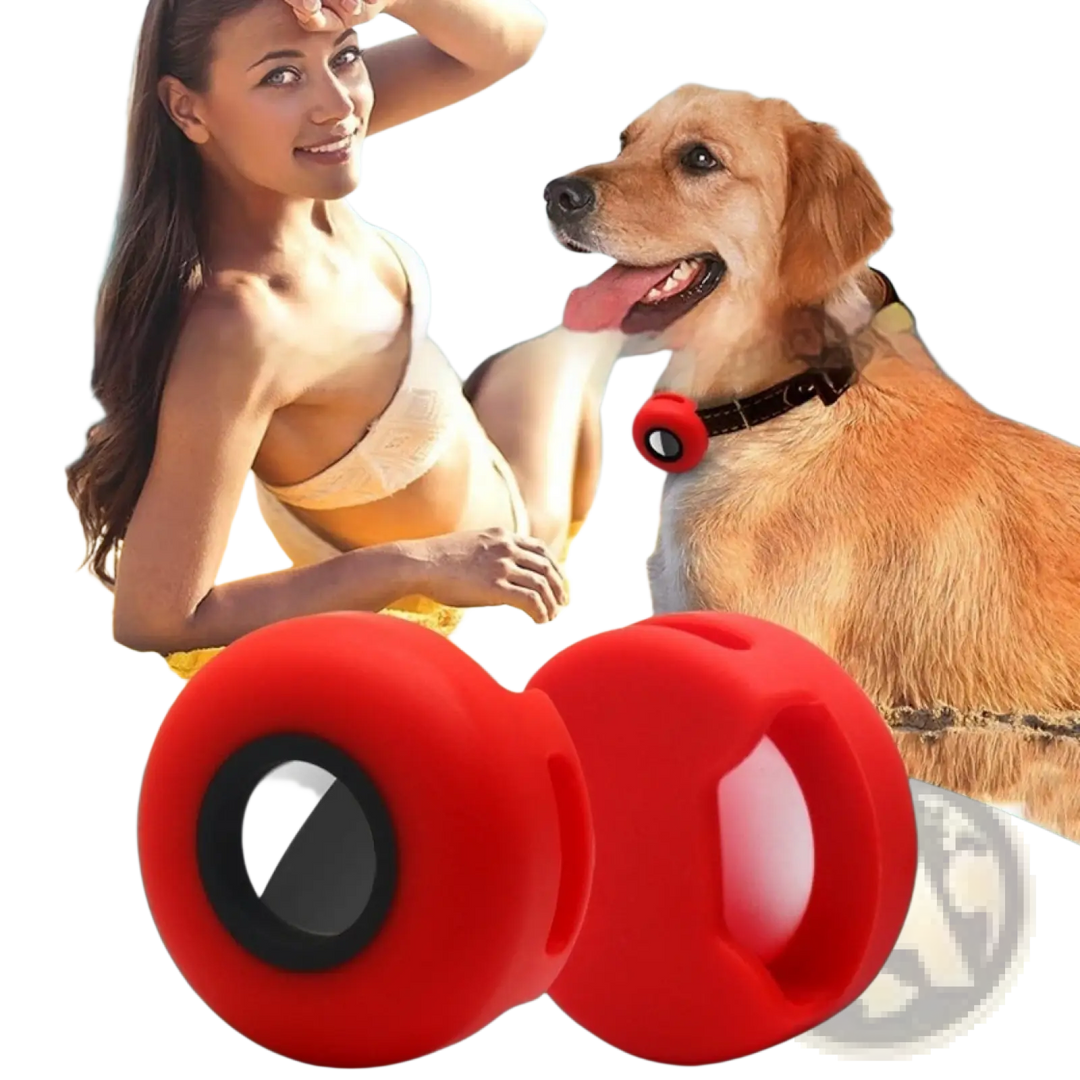 Silicone pet tracker protective case in red with black AirTag holder insert
