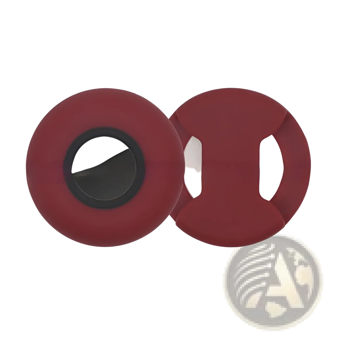 Silicone pet tracker protective case in burgundy with circular AirTag holder