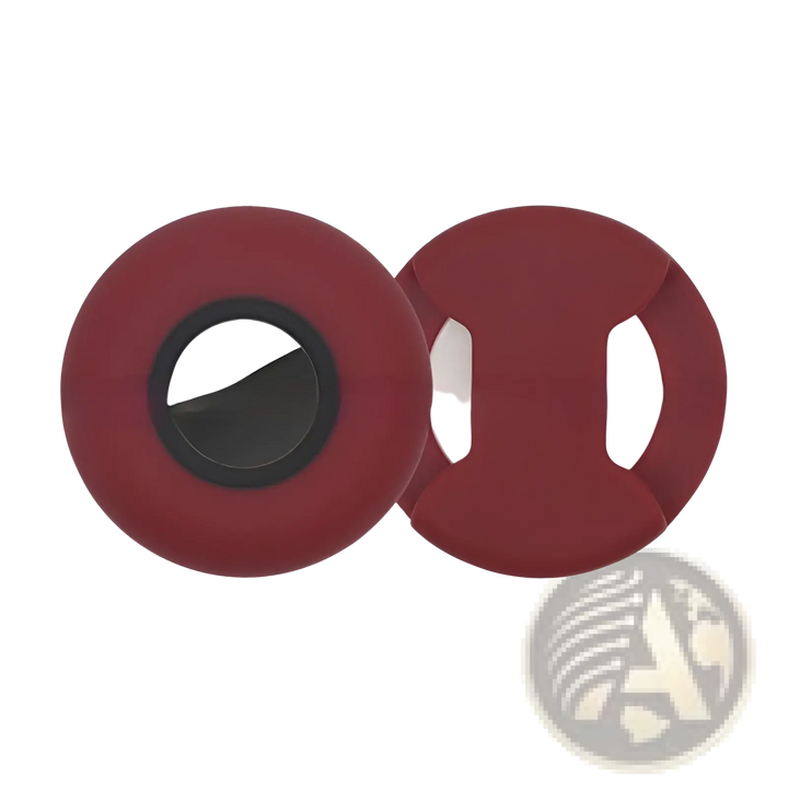 Silicone pet tracker protective case in burgundy with circular AirTag holder