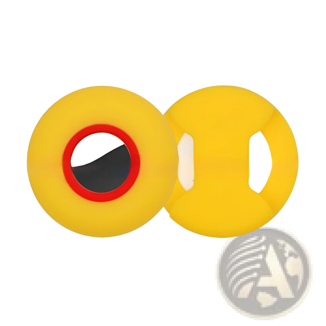 Silicone pet tracker protective case in yellow with red-ring circular AirTag holder