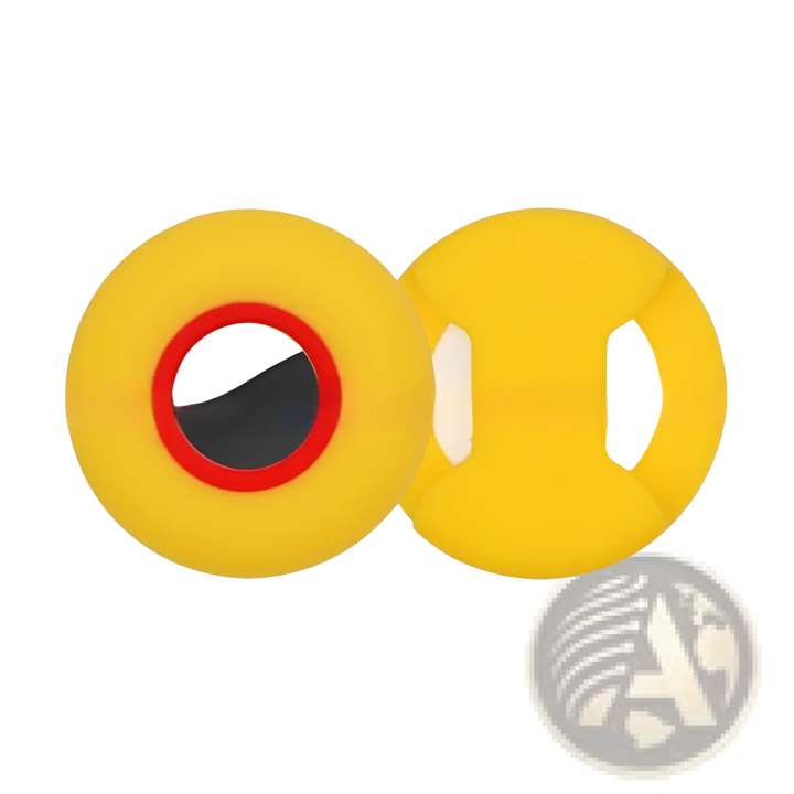 Silicone pet tracker protective case in yellow with red-ring circular AirTag holder