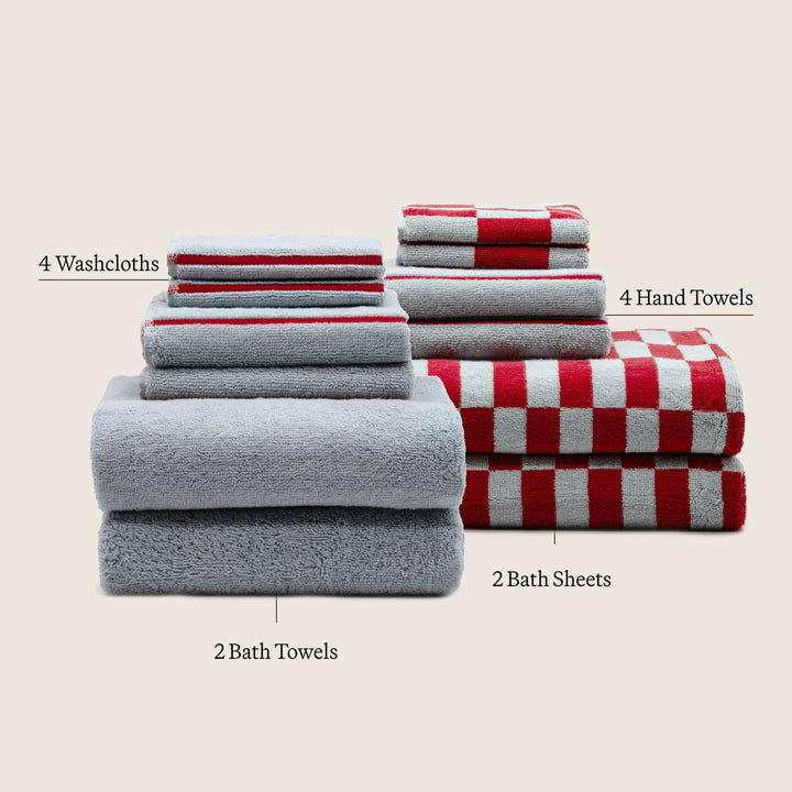 Cotton towel set display: gray terry plus red-and-white check towel pieces