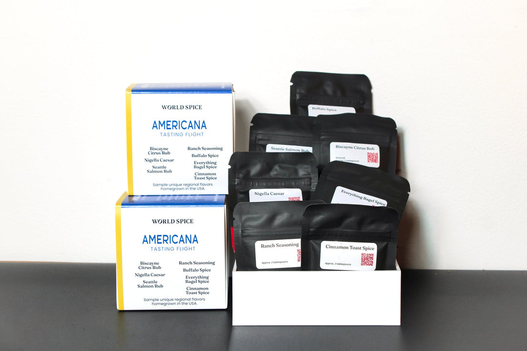 Americana spice tasting flight boxes with assorted labeled spice packets
