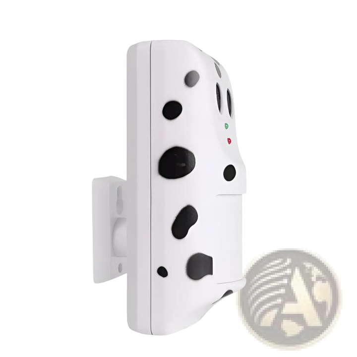 White ultrasonic wall-mounted dog repeller with mounting bracket and speaker openings
