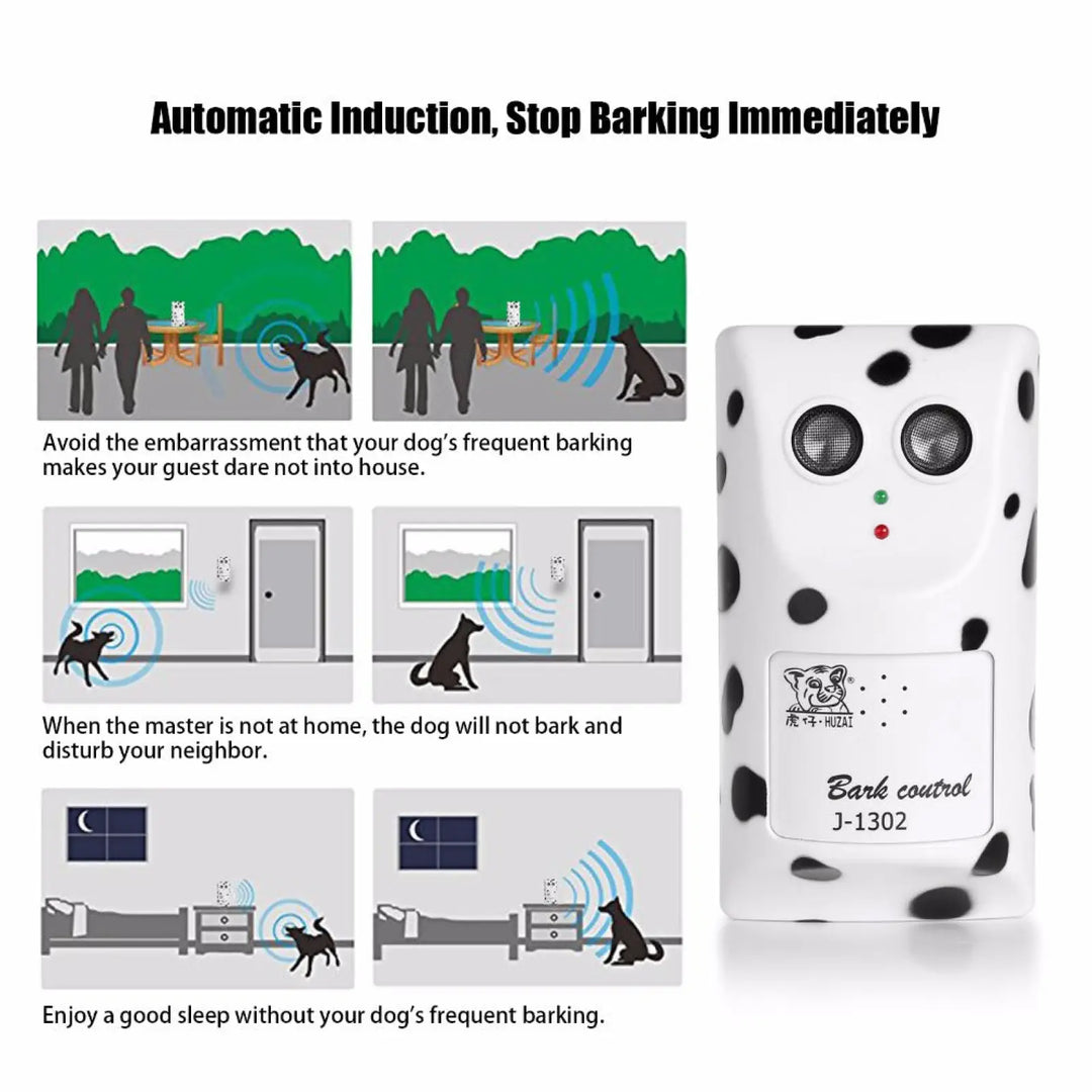White ultrasonic wall-mount dog bark repellent device with dual speaker ports and LEDs