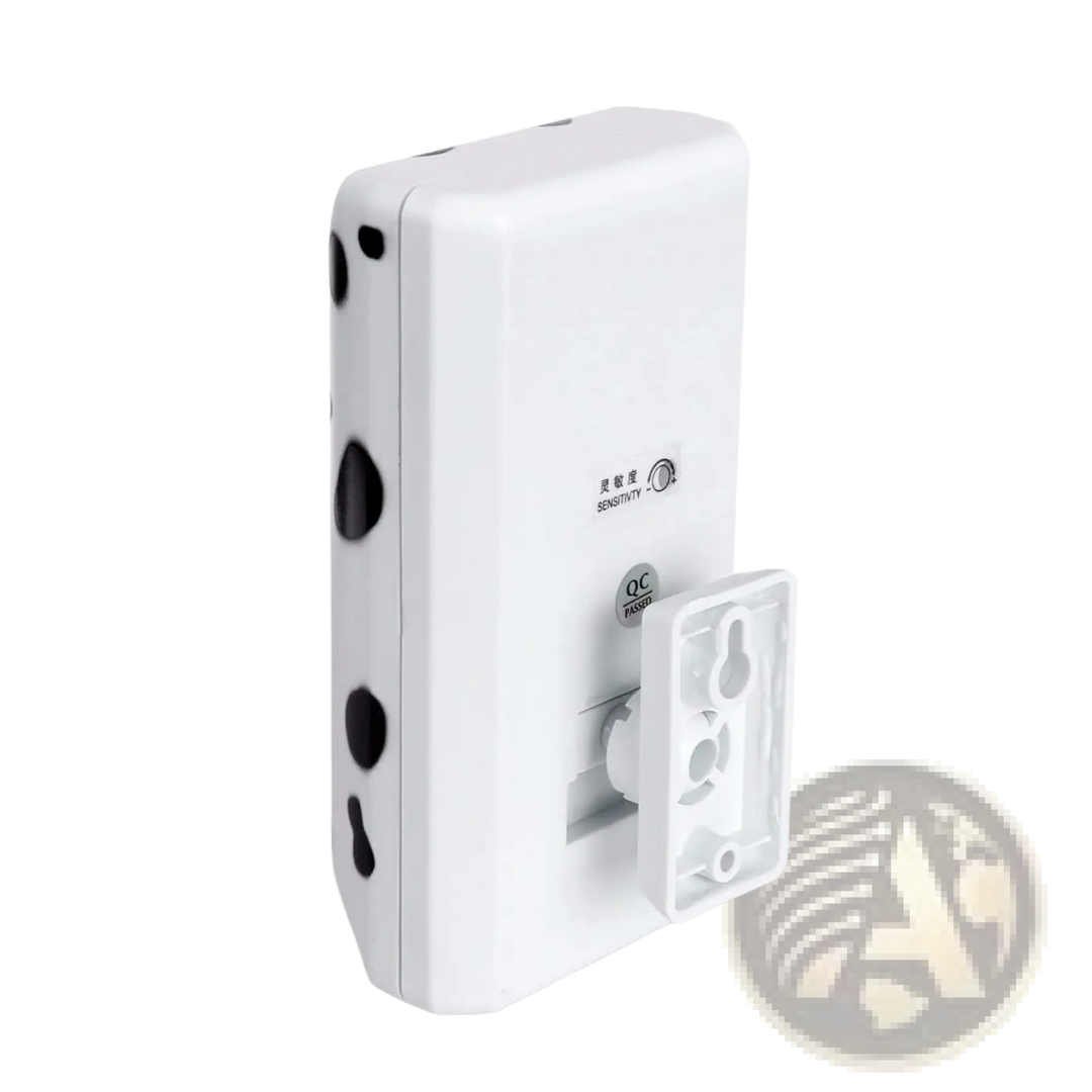 White ultrasonic wall-mount dog bark repellent with back side and wall mounting plate