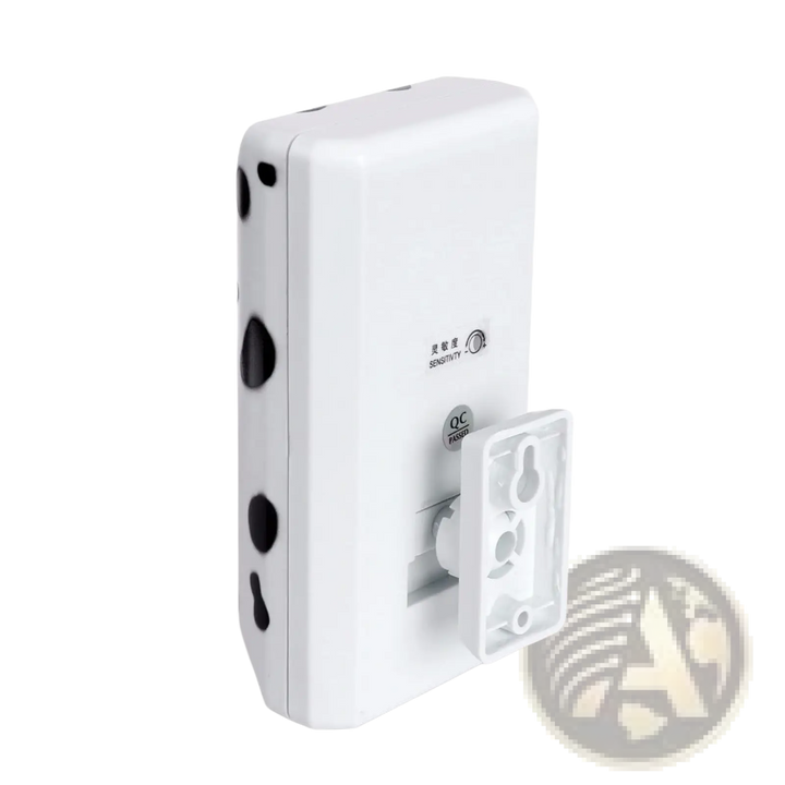 White ultrasonic wall-mount dog bark repellent with back side and wall mounting plate