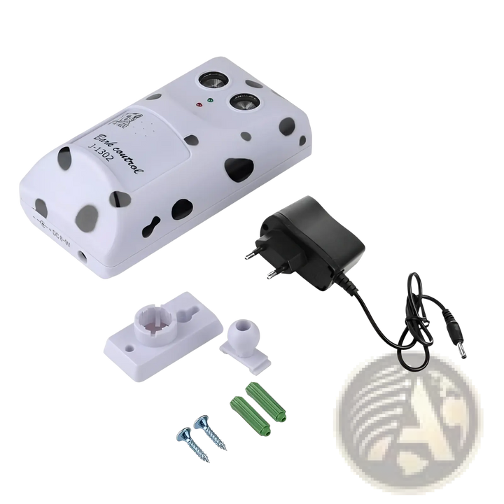 White ultrasonic wall-mount dog bark repellent kit with adapter, bracket, and mounting pieces
