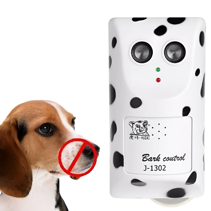 White ultrasonic wall-mount dog bark repellent with dual speaker grilles and indicator lights