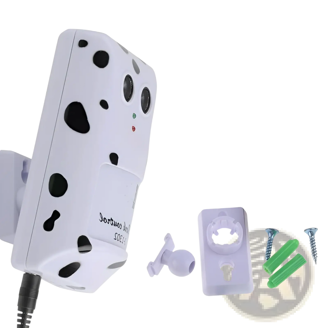 White ultrasonic dog bark repellent device with black-speckled face and wall-mount connector