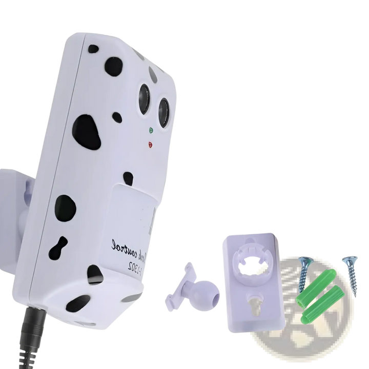White ultrasonic dog bark repellent device with black-speckled face and wall-mount connector