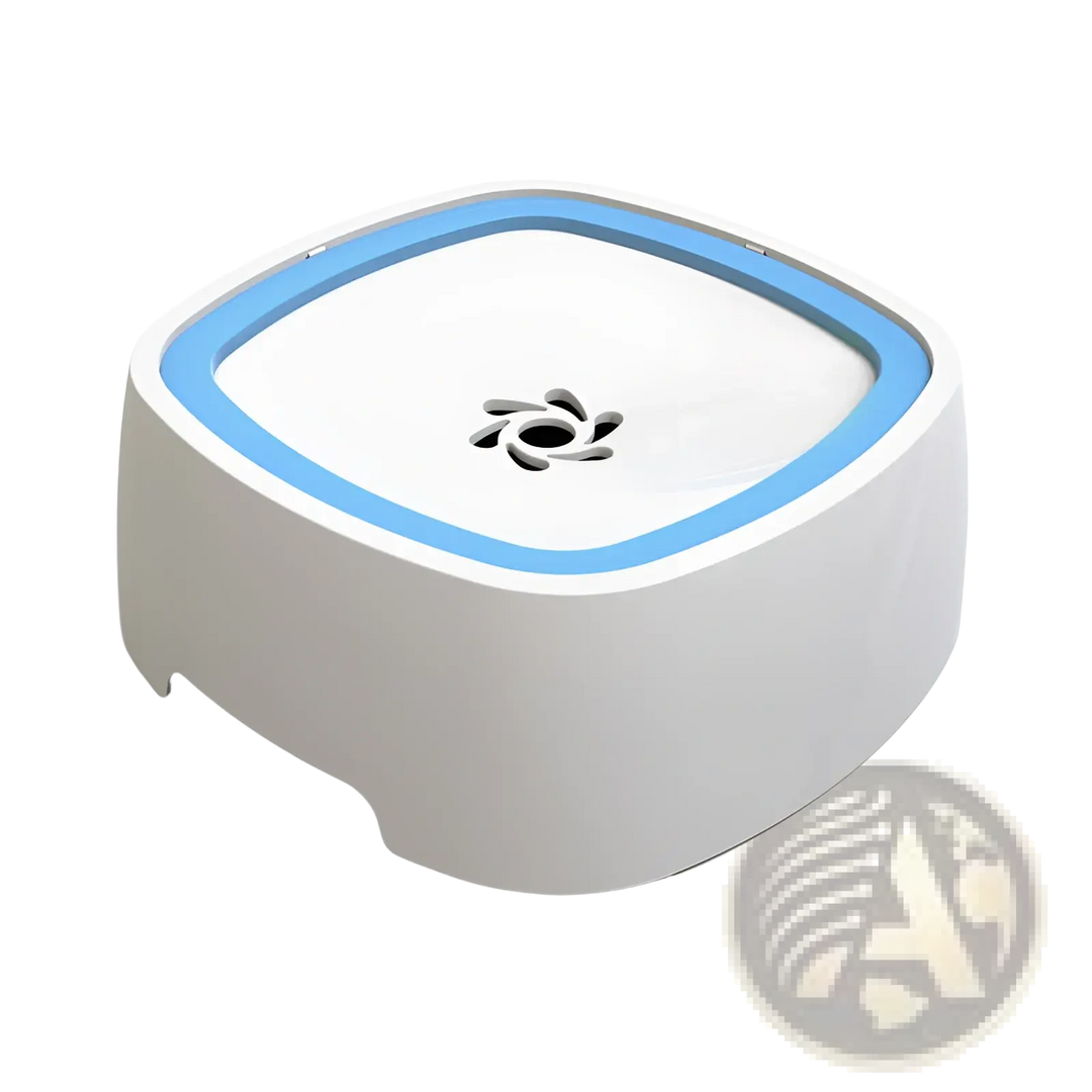 Floating pet water bowl with anti-splash gray tray, white body