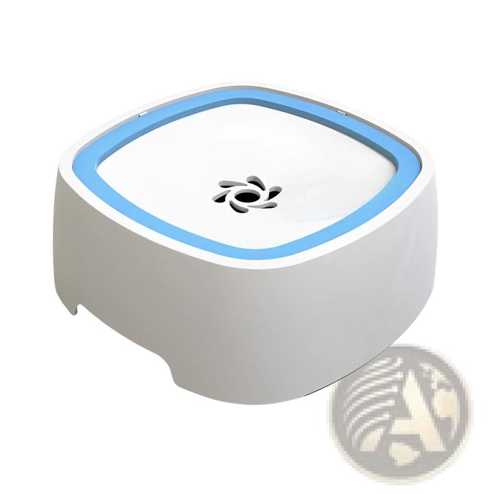 Floating pet water bowl with anti-splash gray tray, white body