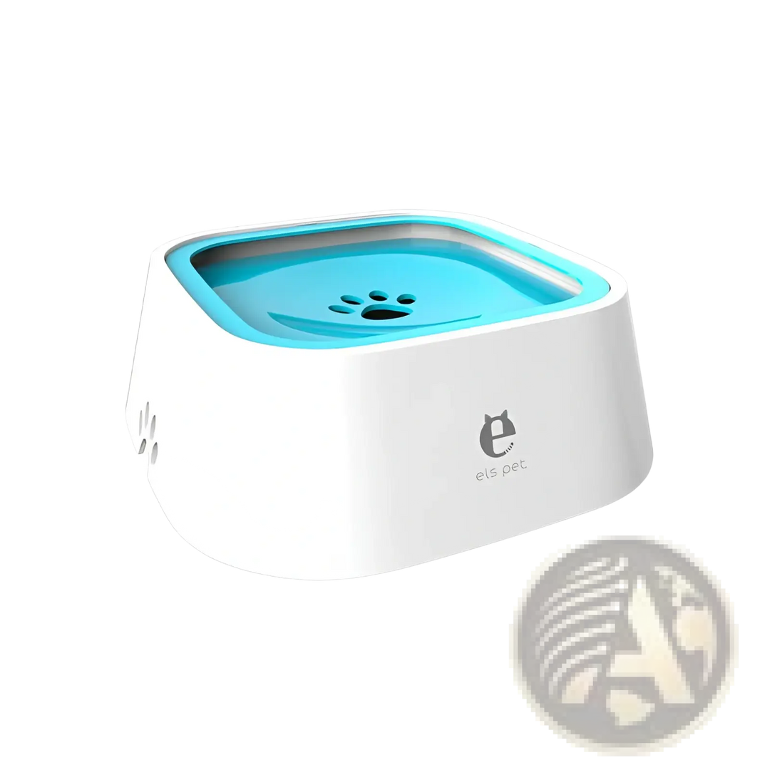 Floating pet water bowl with anti-splash blue tray, angled view