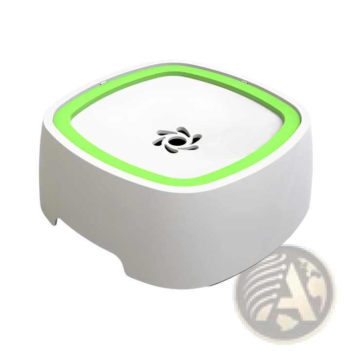 Floating pet water bowl with anti-splash green tray, white body