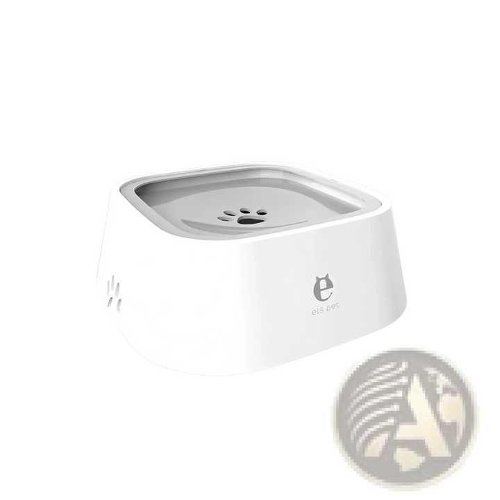 Floating pet water bowl with anti-splash gray tray, side view