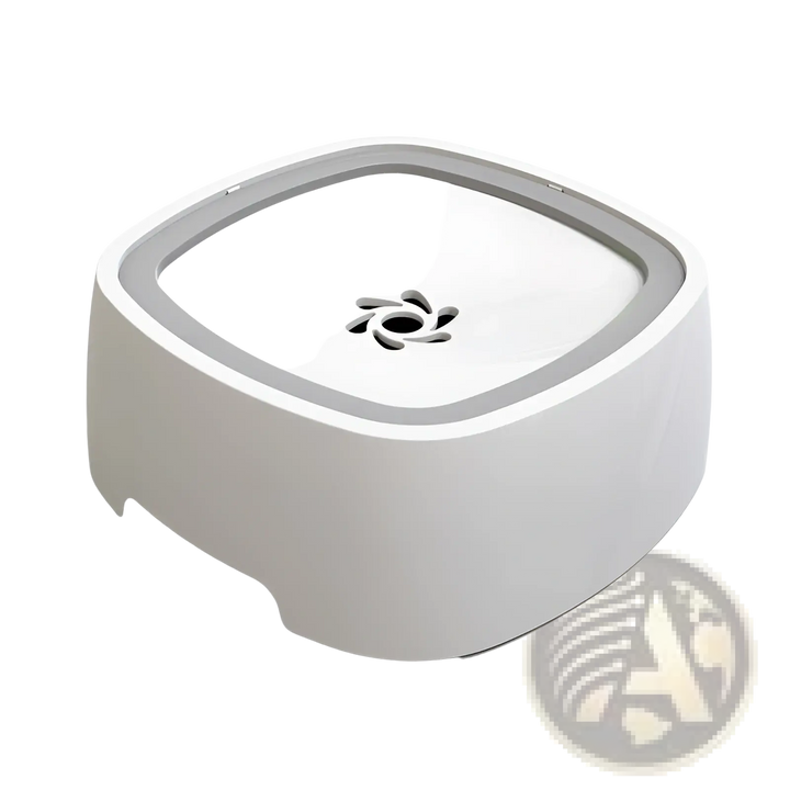 Floating pet water bowl with anti-splash gray tray, top view