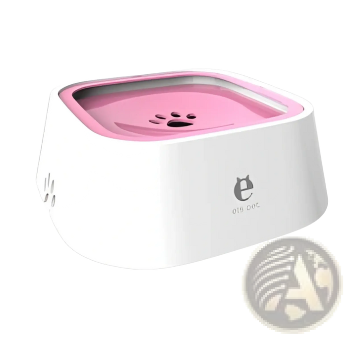 Floating pet water bowl with anti-splash pink tray, side view