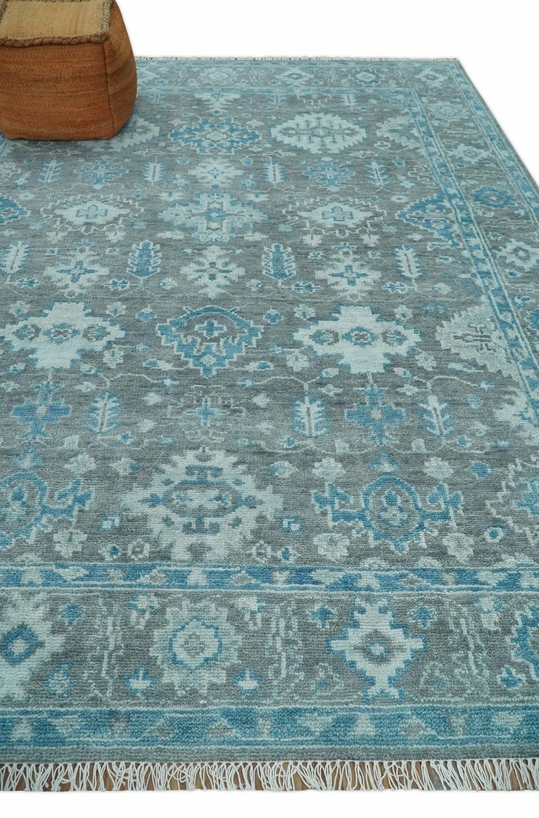 Antique Turkish  Gray and Blue Hand Knotted 8x10 Wool Area Rug