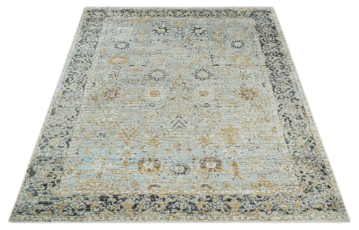 Antique look Aqua, Gold and Charcoal Hand Knotted Carved Texture Traditional Oriental Oushak 8x10 wool Area Rug