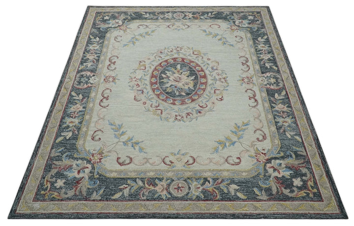 Antique Style Beige and Charcoal Aubusson design Hand Tufted 8x10 wool Area Rug