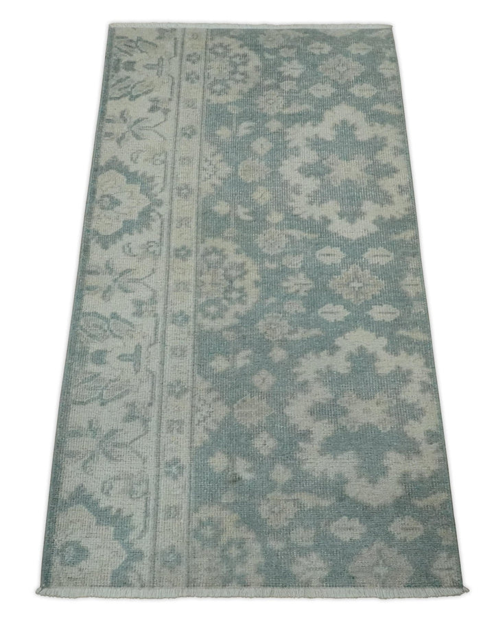 Antique Style Ivory and Gray Hand Knotted Traditional Oushak 2x4 wool Bedside Rug