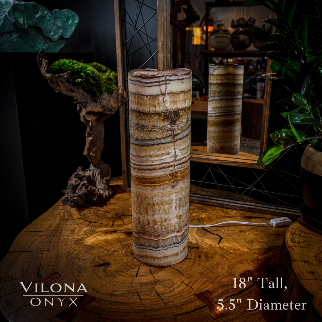 Onyx table lamp with tall cylindrical shade, natural cream and dark striations