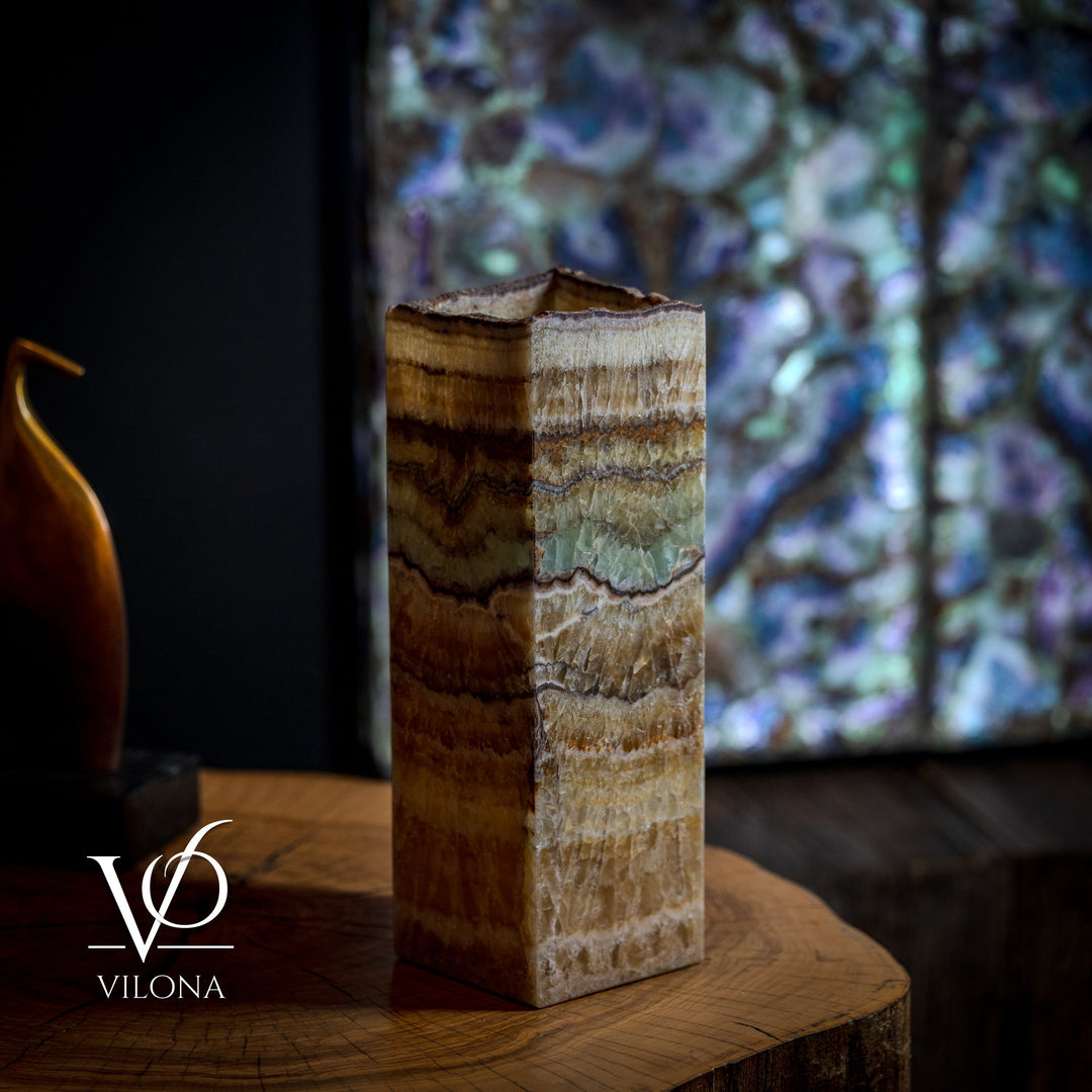 Small table lamp with square live-edge wood base, amber with pale aqua/green veining