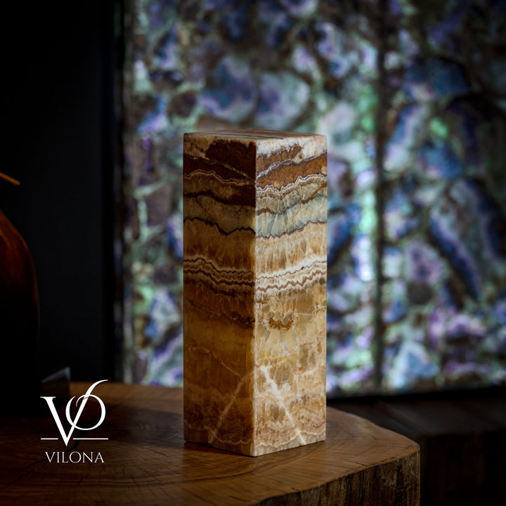 Small onyx table lamp base, square block with dark brown and light cream layered bands