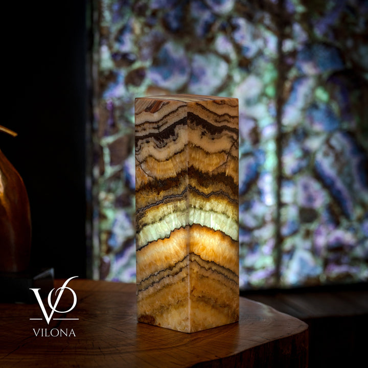 Small aqua onyx square table lamp, front view of striped stone base, 18 in tall