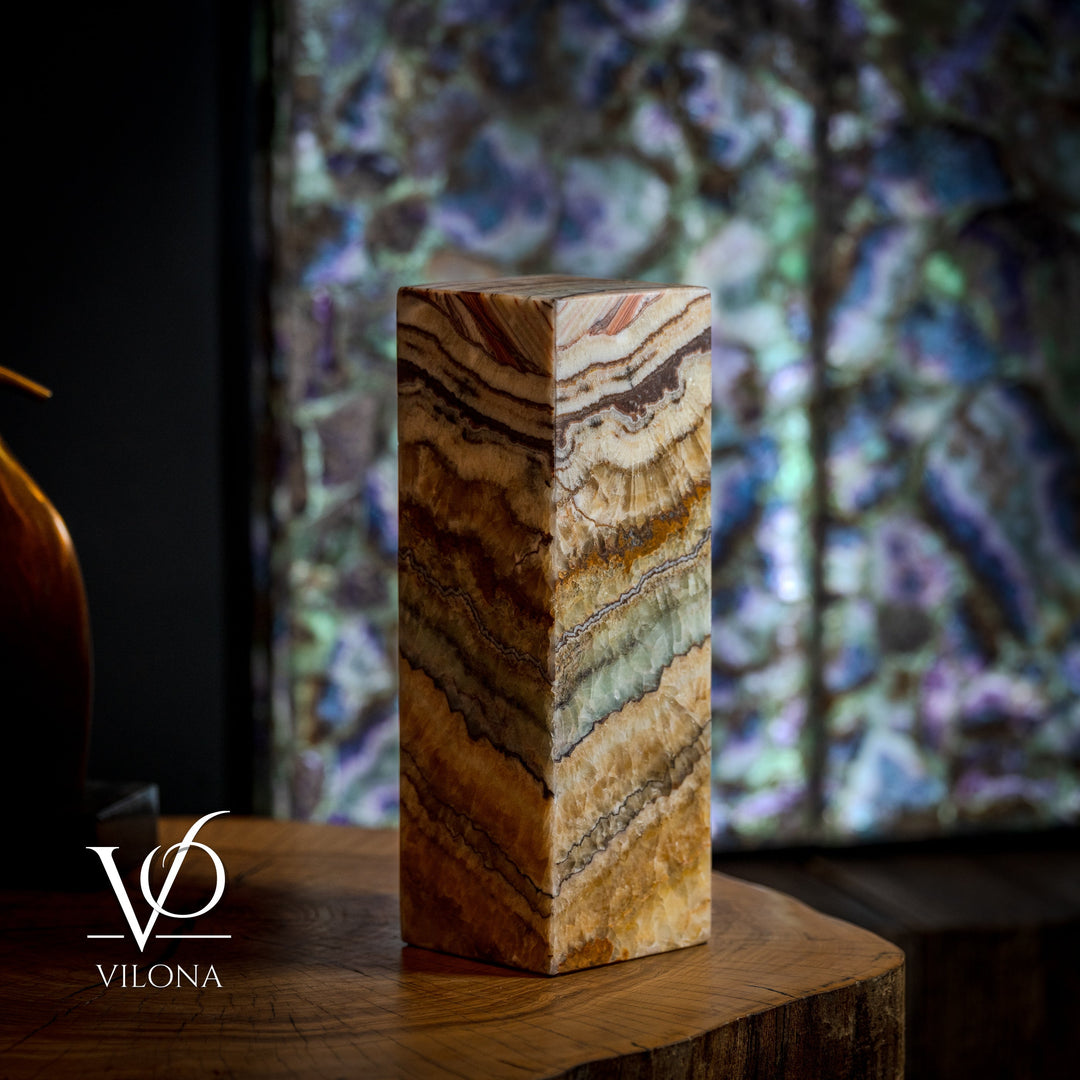 Small aqua onyx square table lamp, angled view of striped stone base, 18 in tall
