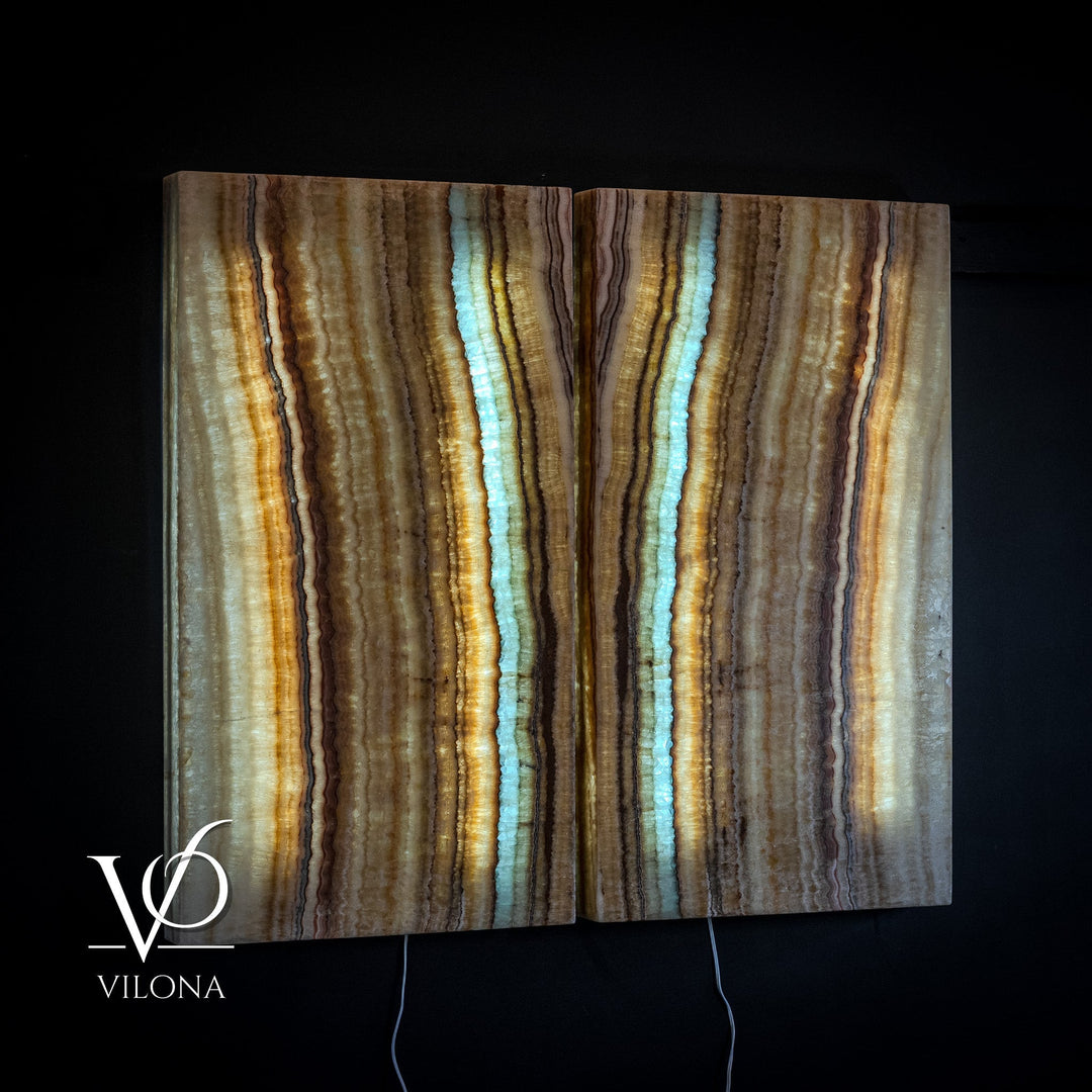 Set of two onyx-style wall panels, warm tan and brown with turquoise vertical veining